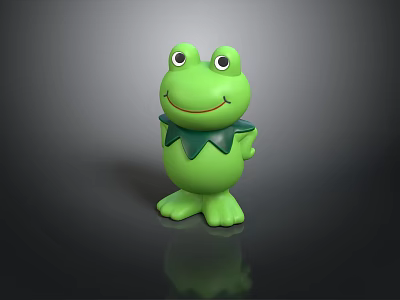 Green Cartoon Frog Toy with Big Eyes Smiling and Leaf Collar Standing on Dark Background 3d model