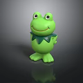 Green Cartoon Frog Toy with Big Eyes Smiling and Leaf Collar Standing on Dark Background