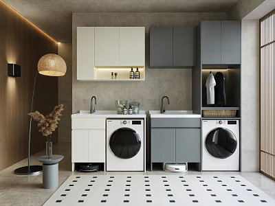 Modern Bathroom Cabinetry With White Gray Units Sinks And Washing Machines 3d model