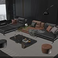 Modern Leather Sofa Coffee Table Combination With Pillows Rug And Floor Lamp