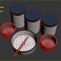 Vibrant Tableware Set With Blue Lidded Containers White Polka Dots Pink Bowls And Chopsticks
