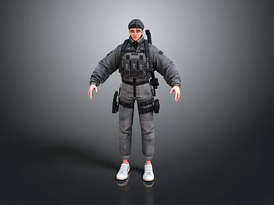 Tactical Character In Gray Outfit With Black Vest Cap And White Sneakers 3d model