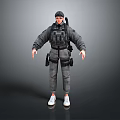 Tactical Character In Gray Outfit With Black Vest Cap And White Sneakers