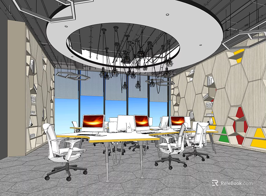 Public Office Space With Large Windows Blue Sky Computer Monitors White Desks And Geometric Decor 3d model 