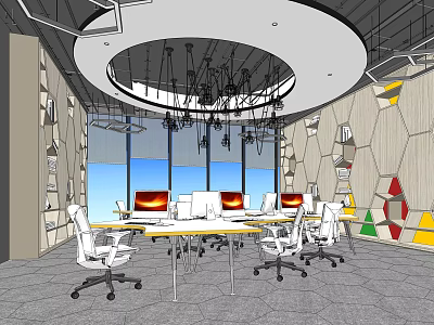 Public Office Space With Large Windows Blue Sky Computer Monitors White Desks And Geometric Decor 3d model