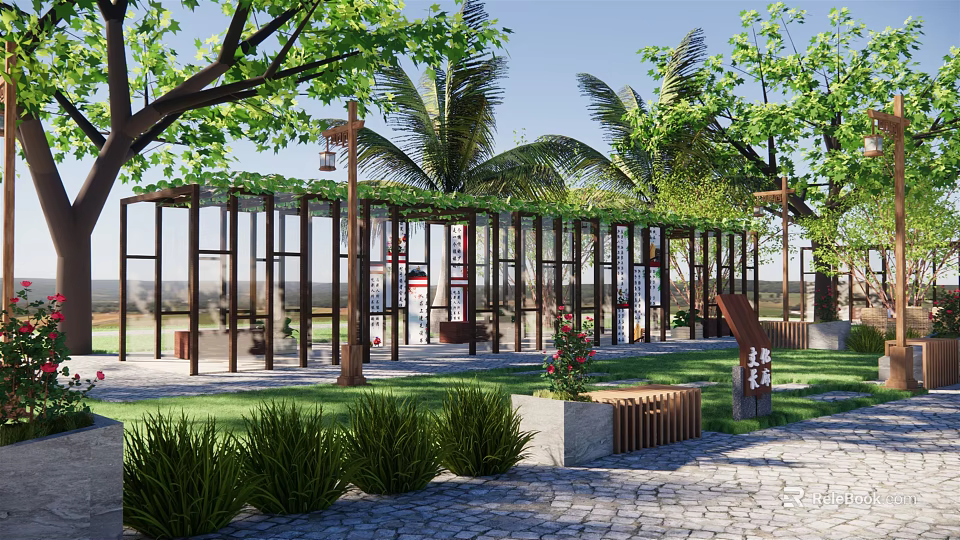 Modern Garden Pergola With Metal Frame Green Plants And Palm Trees 3d model 