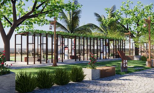 New Chinese Style Corridor Landscape Corridor Courtyard Pavilion Cultural Corridor Information Exhibition Rural Rain Leisure Corridor Leisure Seat 3d model