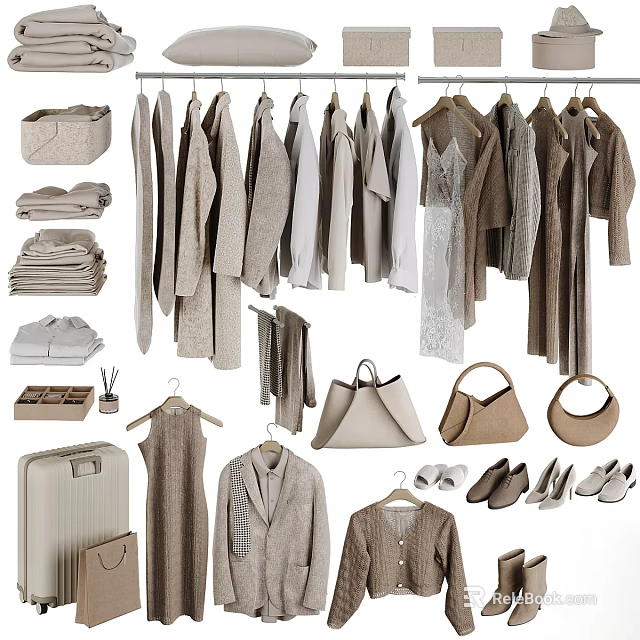 Neutral Tones Wardrobe With Hanging Clothes Folded Linen Handbags Shoes And Luggage 3d model 