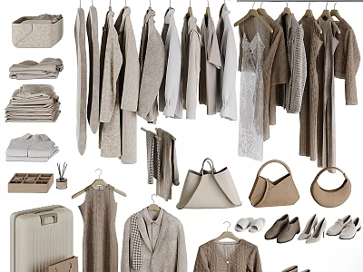 Neutral Tones Wardrobe With Hanging Clothes Folded Linen Handbags Shoes And Luggage 3d model