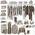 Neutral Tones Wardrobe With Hanging Clothes Folded Linen Handbags Shoes And Luggage