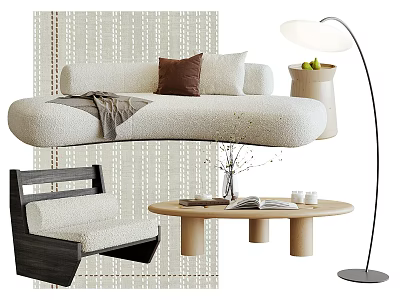 Modern Minimalist Sofa Coffee Table Set With Pillows Blanket And Floor Lamp 3d model