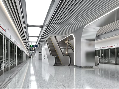 Modern Subway Station Interior With Escalator Glass Doors Sleek Ceiling Bright Lighting And Polished Floor 3d model