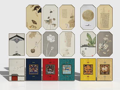 Traditional Chinese Botanical Paintings Featuring Floral Motifs Calligraphy And Decorative Frames 3d model