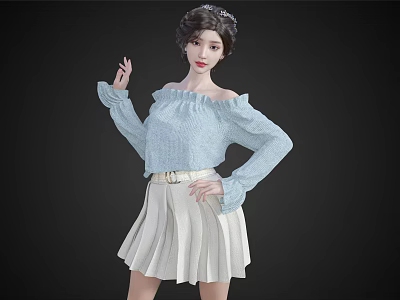 Woman in Light Blue Off Shoulder Top and Beige Pleated Skirt with Updo Hairstyle Posing 3d model