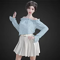 Woman in Light Blue Off Shoulder Top and Beige Pleated Skirt with Updo Hairstyle Posing