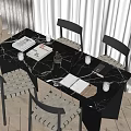 Modern Minimalist Dining Table Set With Black Marble Top Woven Chairs Books And Glass Cups
