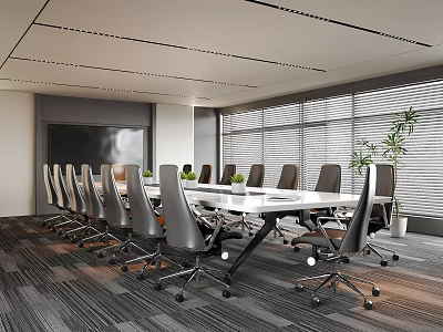 Modern Conference Room With Projection Screen Long Table Office Chairs And Window Blinds 3d model