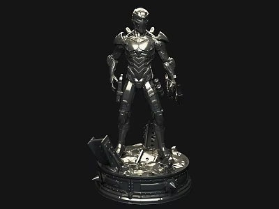 Silver Metallic Sci Fi Humanoid Sculpture Carving With Mechanical Armor And Base 3d model