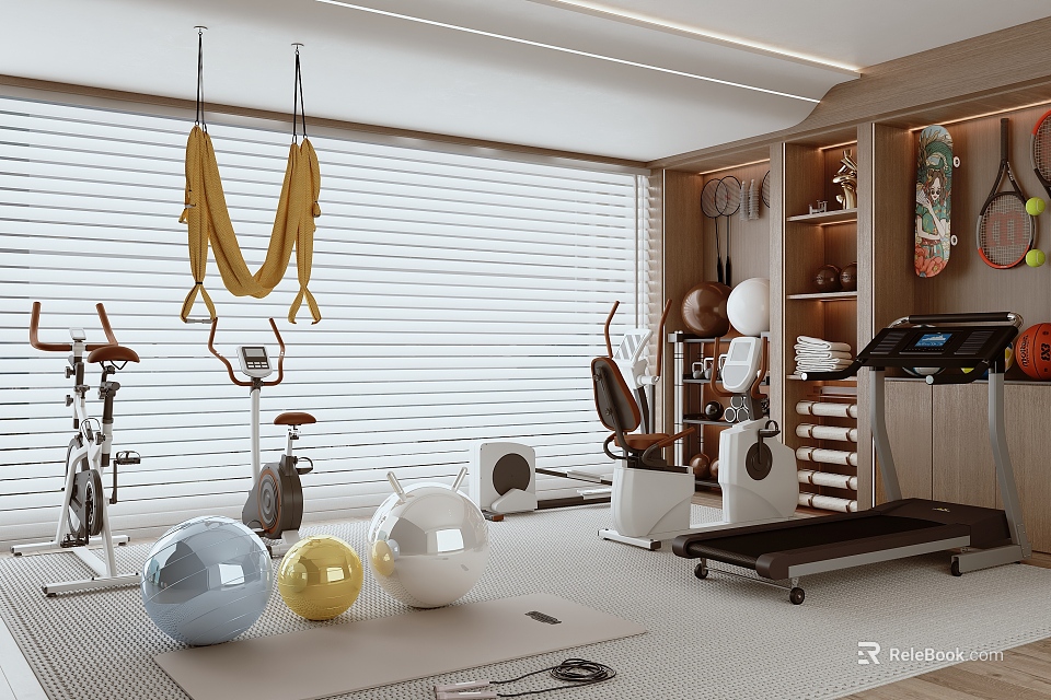 Modern Recreation Room Interior With Exercise Bikes Treadmill Yoga Balls And Hammock 3d model 