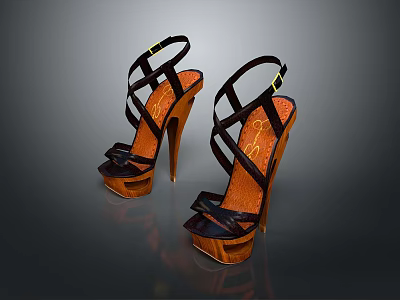 Stylish Fashion High Heels With Cross Straps Orange Soles And Tall Heels 3d model