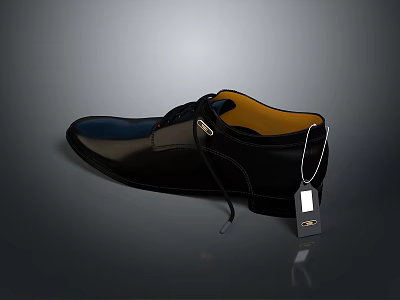 Classic Black Laced Leather Shoes With Yellow Interior And Hanging Tag 3d model