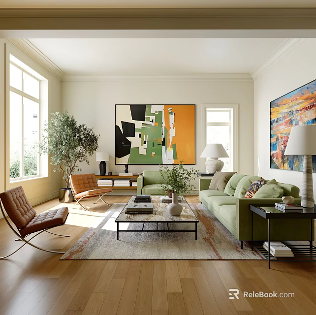 Bright Modern Living And Dining Room Interior With Green Sofa Coffee Table Artwork And Plant 3d model 