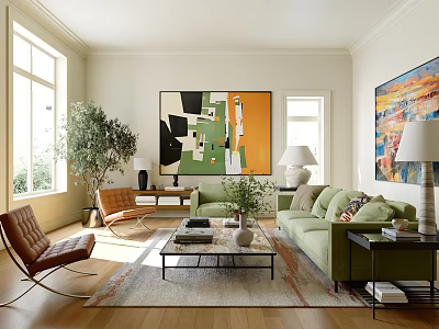 Bright Modern Living And Dining Room Interior With Green Sofa Coffee Table Artwork And Plant 3d model