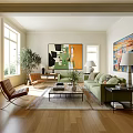 Bright Modern Living And Dining Room Interior With Green Sofa Coffee Table Artwork And Plant