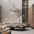 Modern Living Room Interior With Fireplace Armchair Black Coffee Table Wine Cabinet And Plants