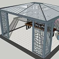 Modern Pavilion With Gray Metal Frame Lattice Windows And Interior Table Chairs Vase Plants