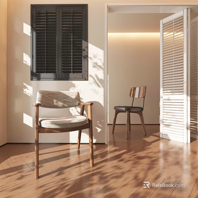 Stylish Leisure Chairs With Wooden Frame And Neutral Cushion In Sunlit Room With Shutter Shadows 3d model 