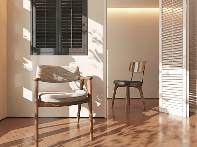 Stylish Leisure Chairs With Wooden Frame And Neutral Cushion In Sunlit Room With Shutter Shadows 3d model