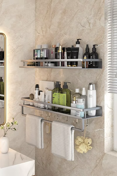 Bathroom Accessories Wall Mounted Shelves with Toiletries and Towels in Modern Bathroom 3d model