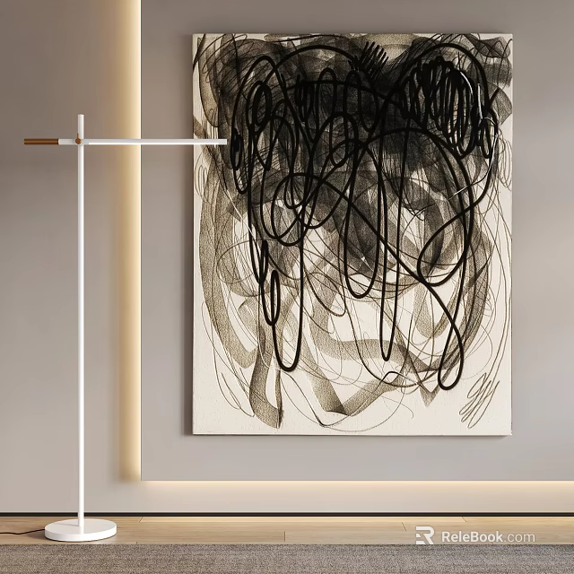 Abstract Black Line Art Wall Painting In Modern Interior 3d model 