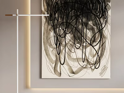 Abstract Black Line Art Wall Painting In Modern Interior 3d model