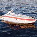White Yacht With Red Stripe And Yellow Deck Floating On Calm Water