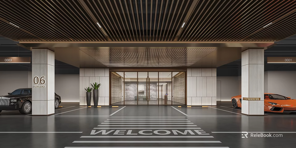 Modern Parking Lot Entrance Design With Welcome Sign Parked Cars And Green Plants 3d model 