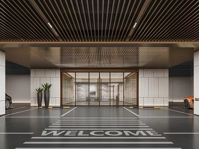 Modern Parking Lot Entrance Design With Welcome Sign Parked Cars And Green Plants 3d model