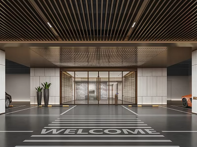 Modern Parking Lot Entrance Design With Welcome Sign Parked Cars And Green Plants 3d model