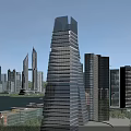 Modern Glass Facade Office Building in City Skyline With Waterfront and Surrounding Skyscrapers