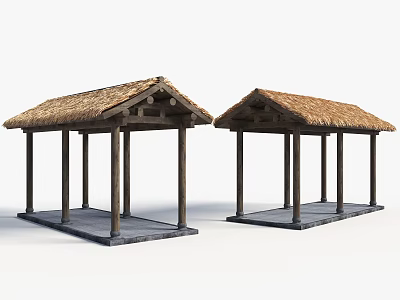 Traditional Pavilion Structures With Thatch Roofs And Wooden Supporting Pillars Stone Base Design 3d model