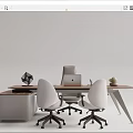 Modern Wooden Office Desk With Laptop Ergonomic Chairs Side Cabinet And Small Plant
