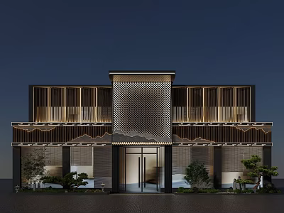 Modern Chinese Style Facade Entrance With Night Scene Lighting Grilles Glass Door And Green Plants 3d model