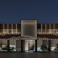Modern Chinese Style Facade Entrance With Night Scene Lighting Grilles Glass Door And Green Plants