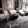 Modern Beige Sofa and Black Coffee Table Set with Area Rug and Floor-to-Ceiling Windows