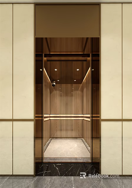 Modern Elevator Lobby With Wooden Panel Walls Recessed Ceiling Lights And Security Camera 3d model