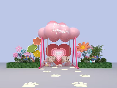Cute Pink Cloud Photo Spot With Heart Shaped Swing Colorful Flowers And Mushroom Decor 3d model
