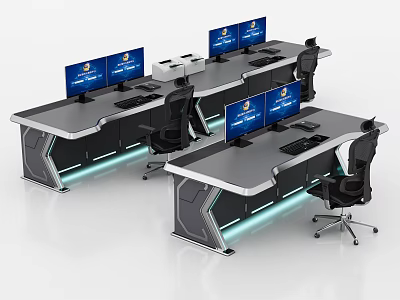 Modern Office Desks Workstation Setup With Multiple Monitors Ergonomic Chairs And LED Lighting 3d model
