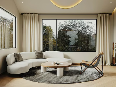 Modern Open Living Dining Room With Large Windows Beige Sofa Round Rug And Wooden Floors 3d model