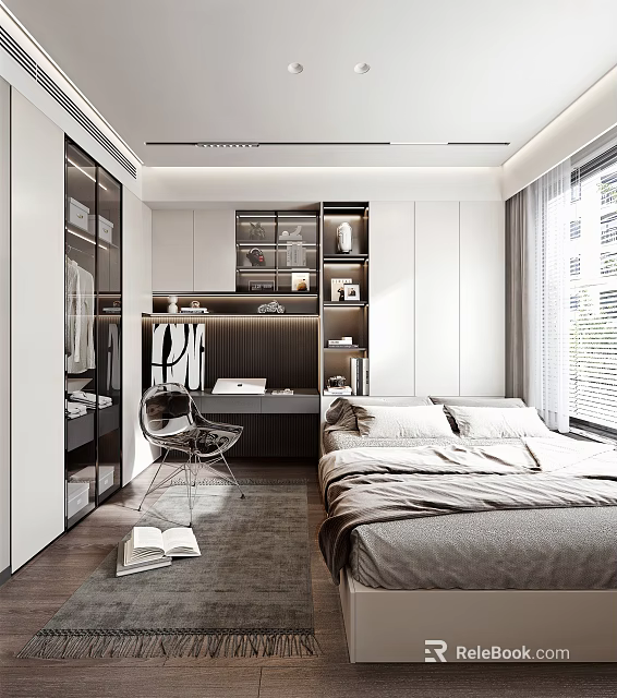Tatami Bedroom Modern Interior Design With Bed Desk Chair Wardrobe And Natural Light 3d model 